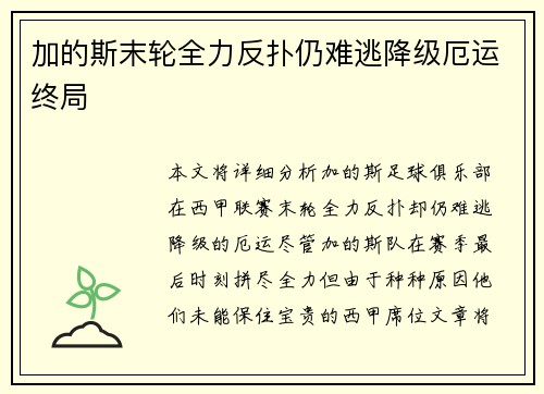 加的斯末轮全力反扑仍难逃降级厄运终局